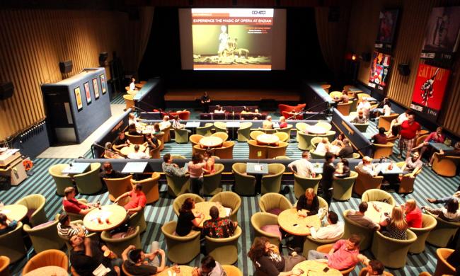 Enjoy dinner or drinks during your movie at Enzian Theater. Enjoy dinner or drinks during your movie at Enzian Theater.