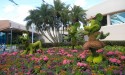 The Mickey, Minnie and Pluto topiary located behind Spaceship Earth.