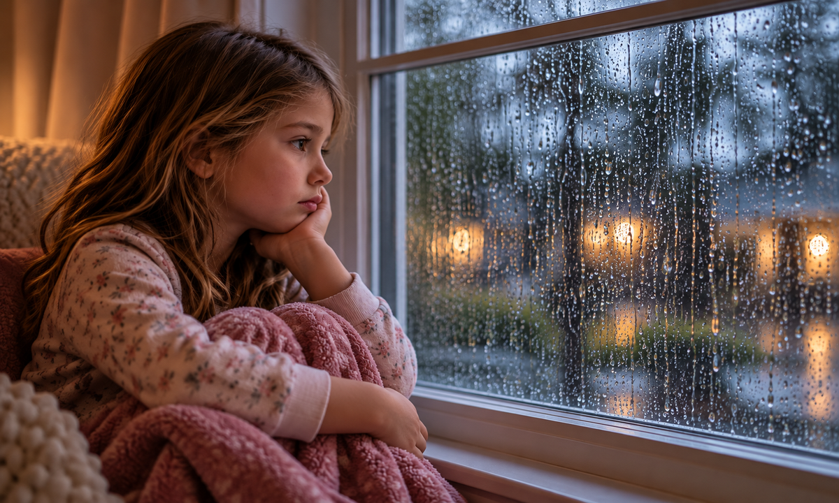 Girl looking sadly out of her room window at the rain outside